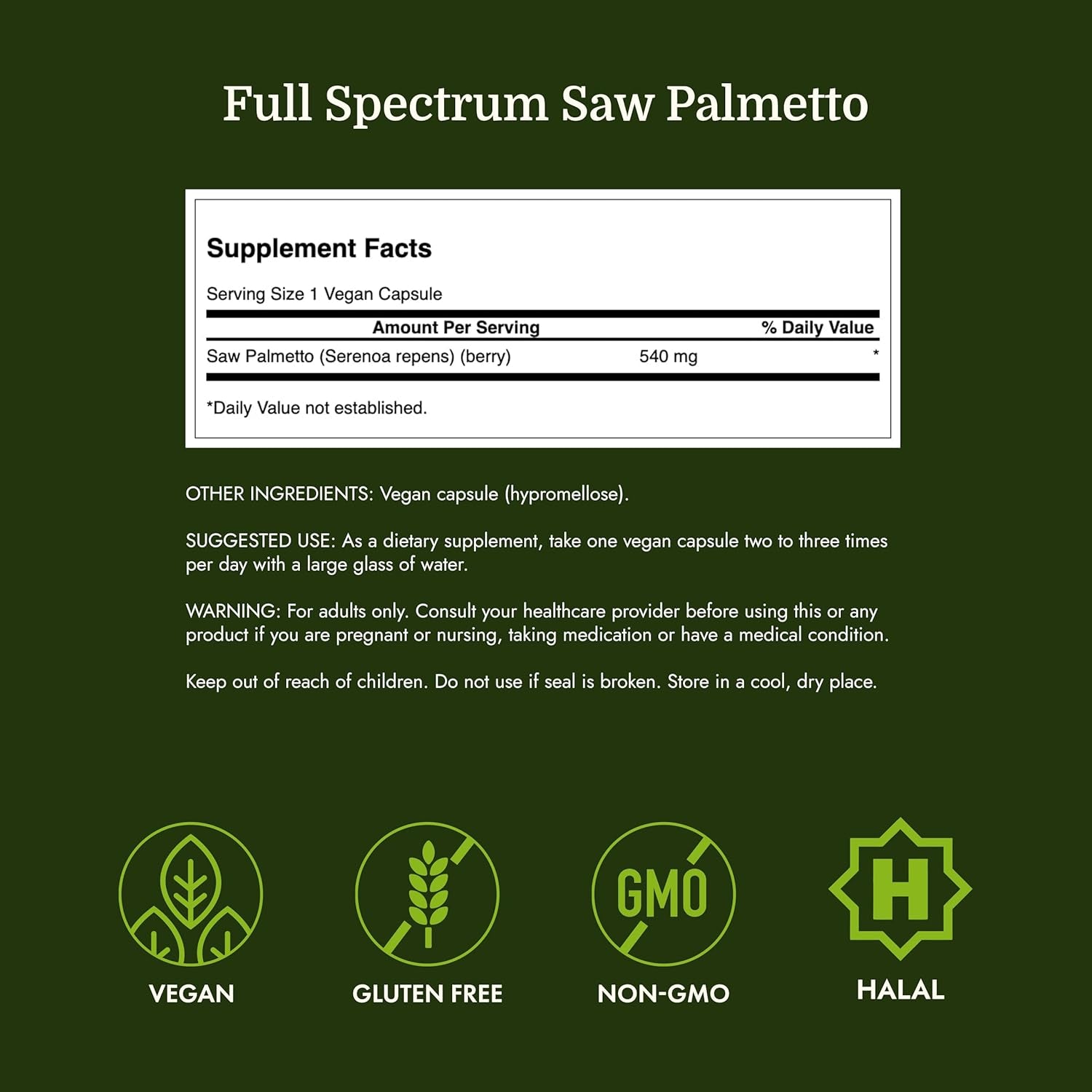 Saw Palmetto - Herbal Supplement Promoting Male Prostate Health Support - Natural Hair Supplement & Urinary Health Support - 540 Mg 250 Capsules